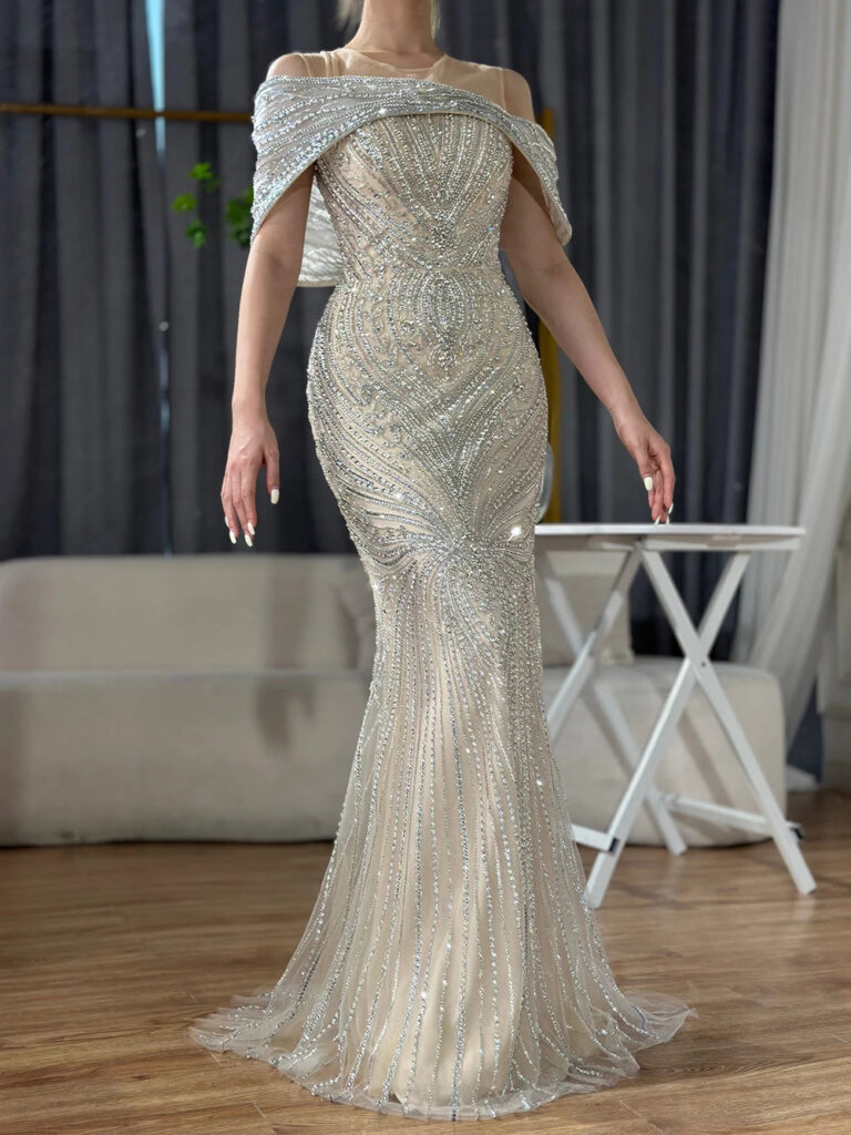 Nove Dress Silver Nude Beaded Mermaid Arabic Evening Dress