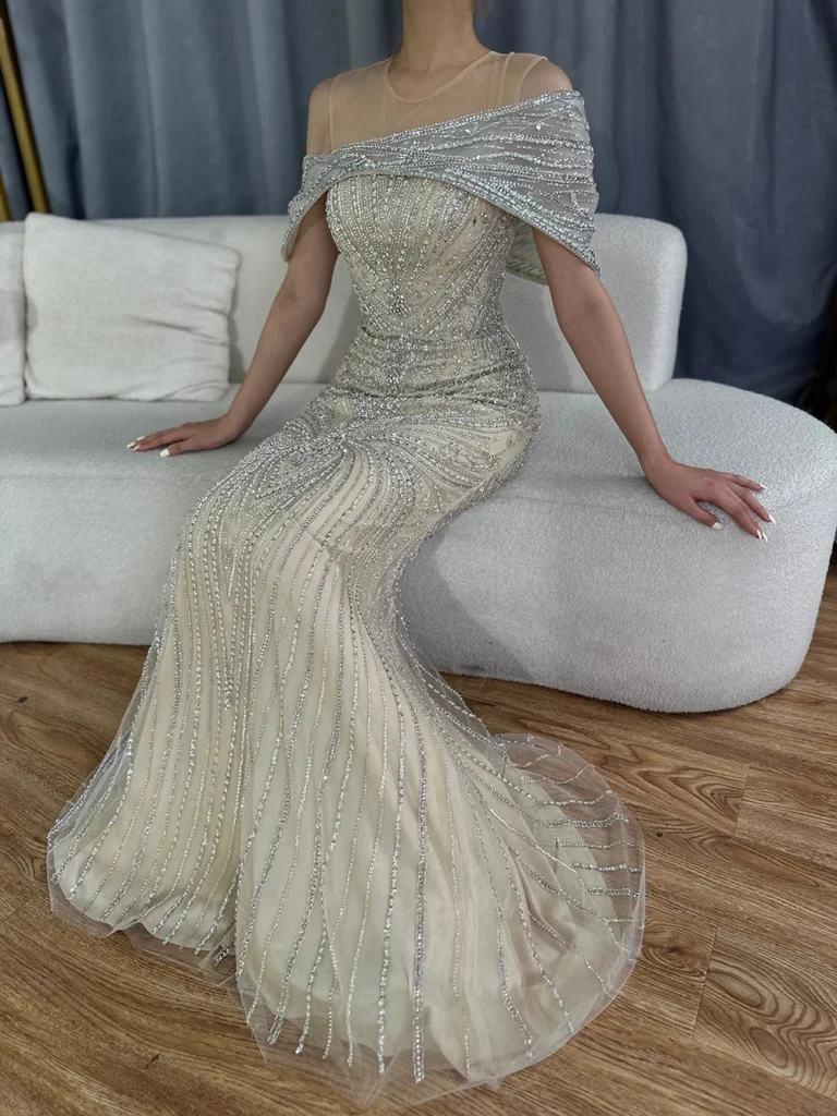Nove Dress Silver Nude Beaded Mermaid Arabic Evening Dress