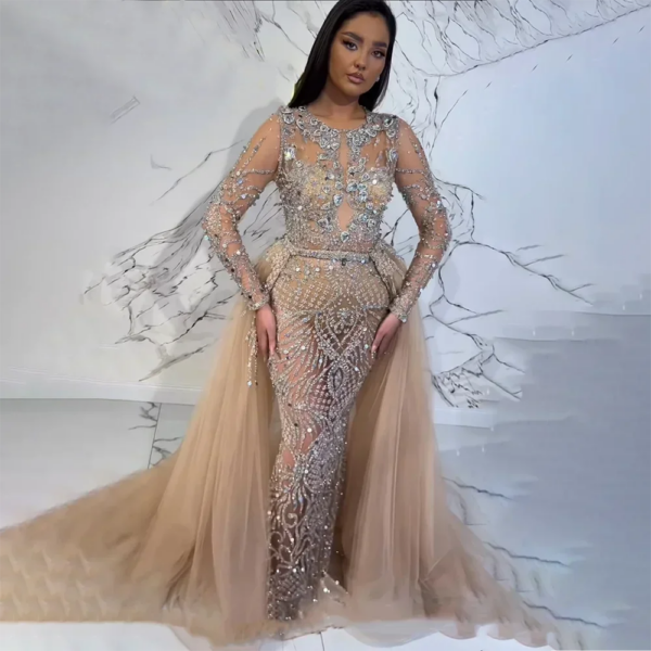 Nove Dress Silver Nude Beaded Overskirt Mermaid Modest Evening Dress 1 - Nove Dress