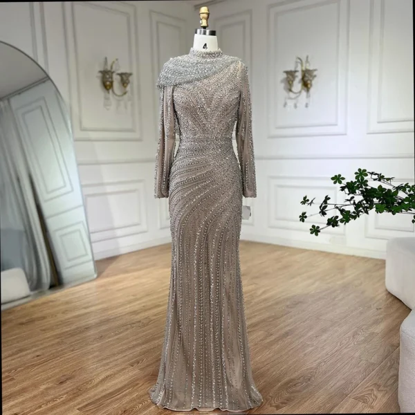 Nove Dress Silver Nude Beaded Sparkle Sleeveless Mermaid Arabic Evening Dress 1 - Nove Dress