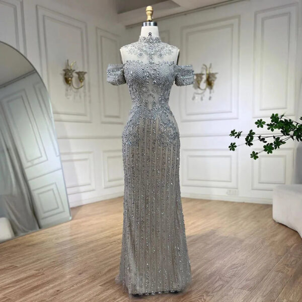 Nove Dress Silver Nude Crystal Beaded Mermaid Evening Dress 1 - Nove Dress