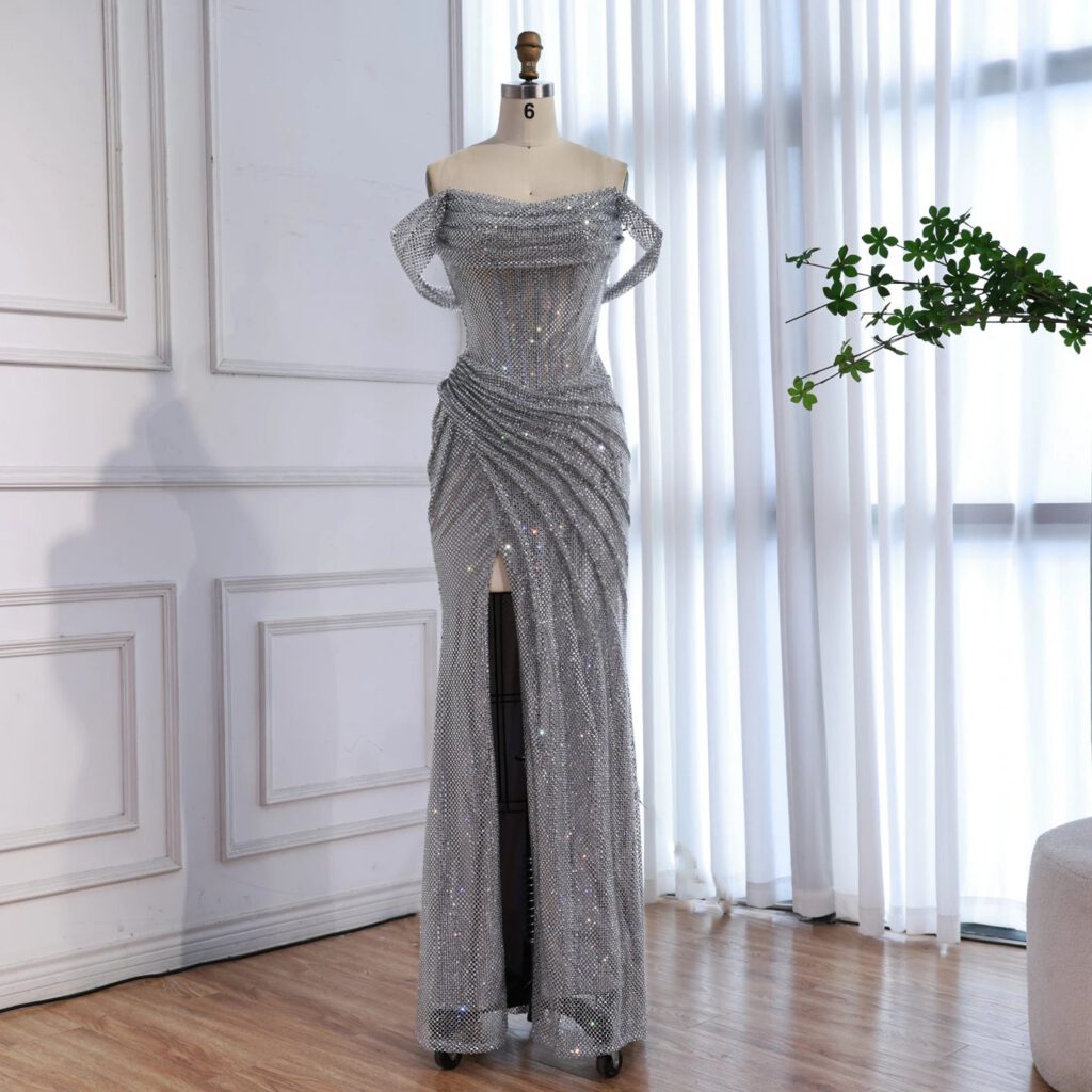 Nove Dress Silver Off Shoulder Mermaid Evening Dress
