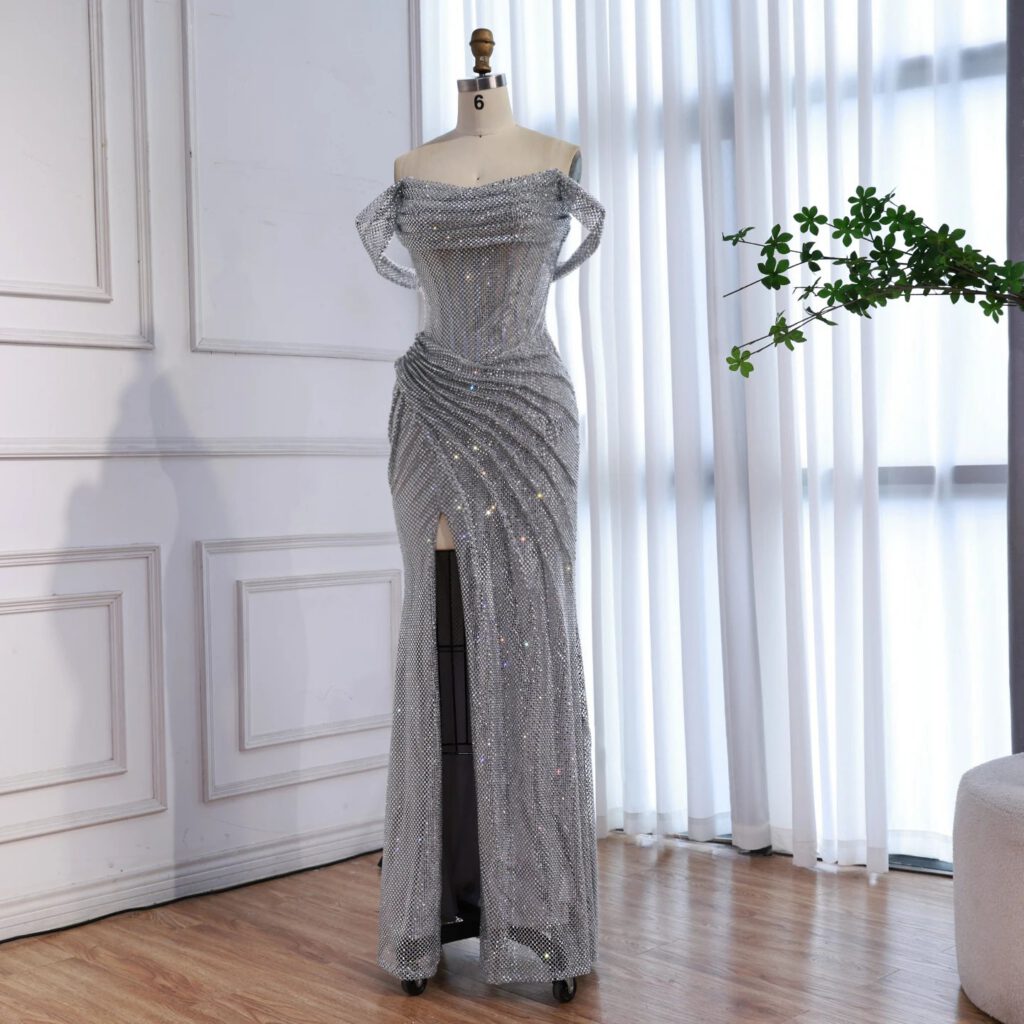 Nove Dress Silver Off Shoulder Mermaid Evening Dress