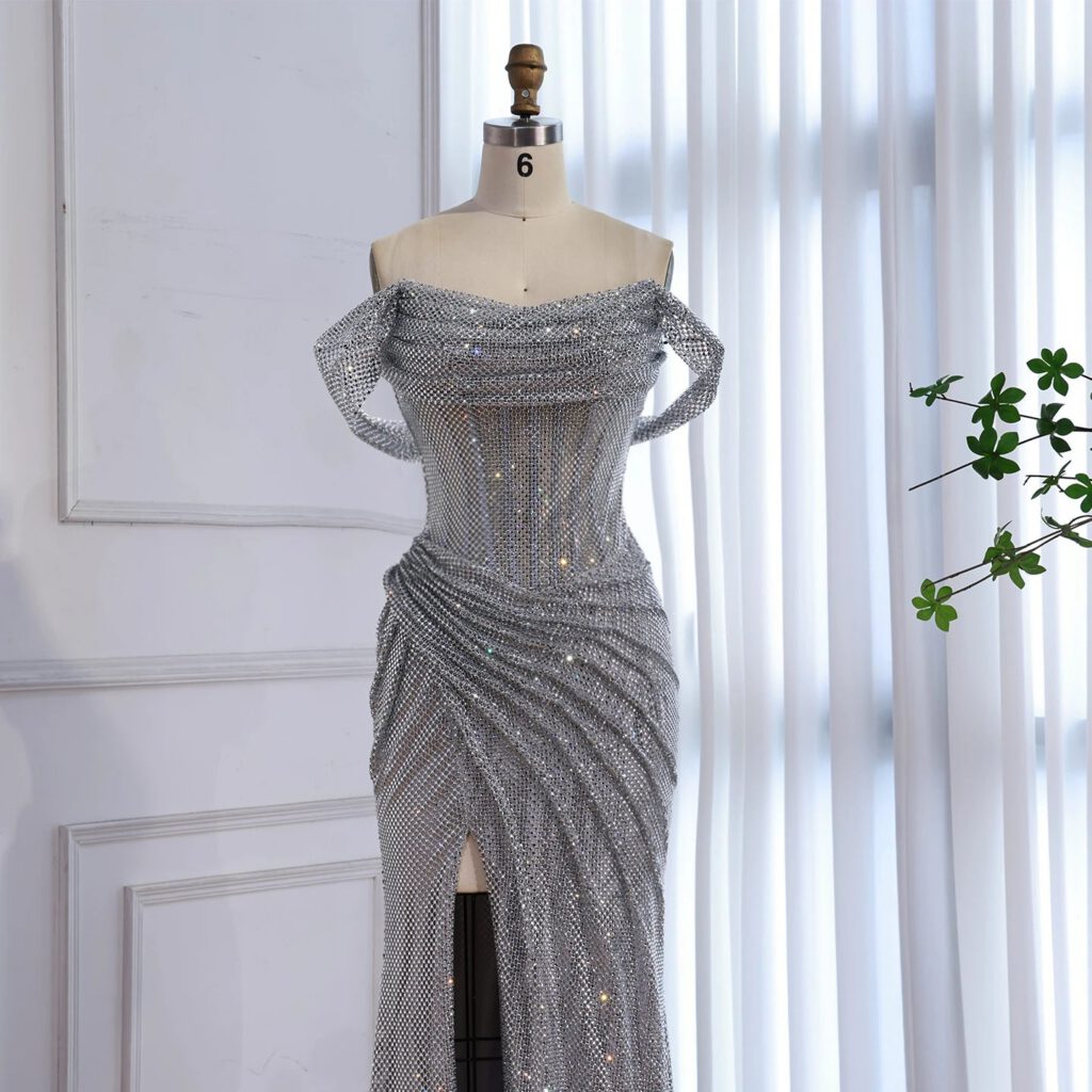 Nove Dress Silver Off Shoulder Mermaid Evening Dress