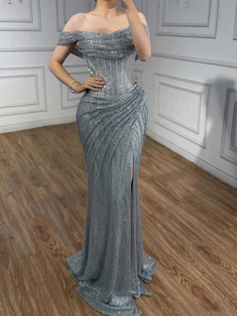 Nove Dress Silver Off Shoulder Mermaid Evening Dress