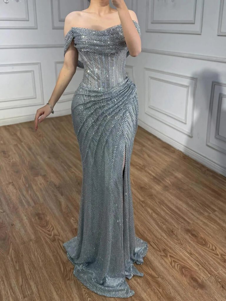 Nove Dress Silver Off Shoulder Mermaid Evening Dress