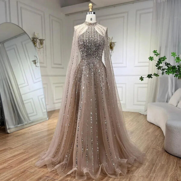 Nove Dress Turquoise Beaded Cape Sleeve A-Line Evening Dress 1 - Nove Dress