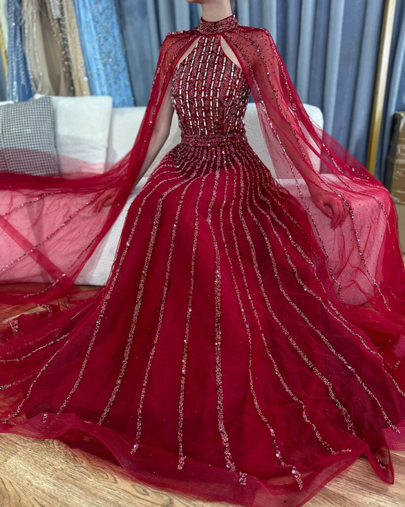 Nove Dress فستان سهرة تركواز قصة A-line مطرز أكمام كيب