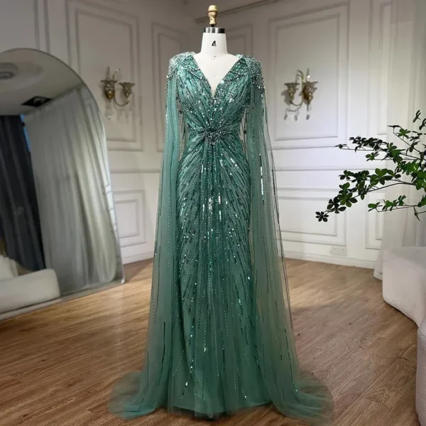 Nove Dress Turquoise Beaded Cape Sleeve Mermaid Evening Dress - Style BLA72168A 1 - Nove Dress