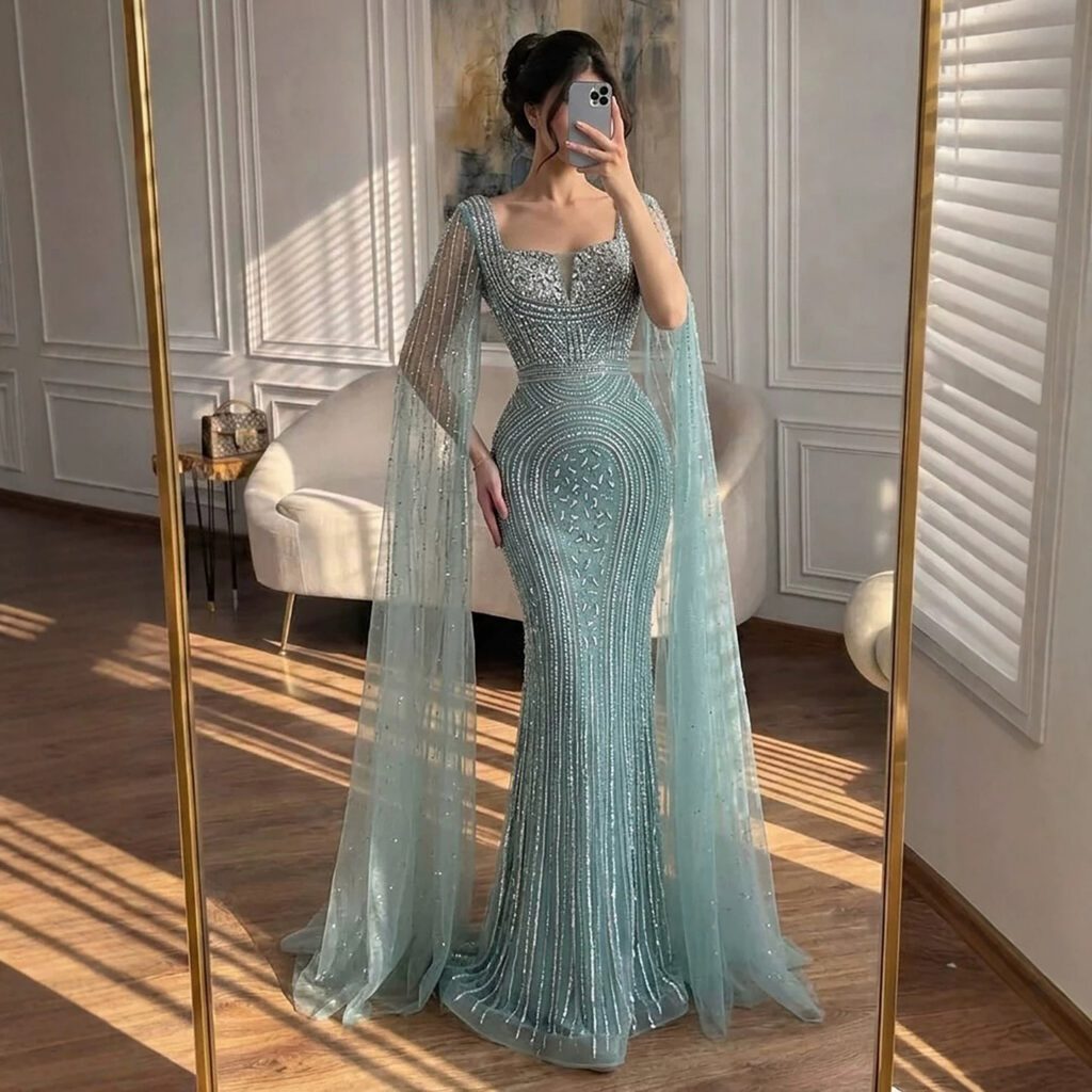 Nove Dress türkis Meerjungfrau Abendkleid mit Perlenstickerei und Cape-Ärmeln