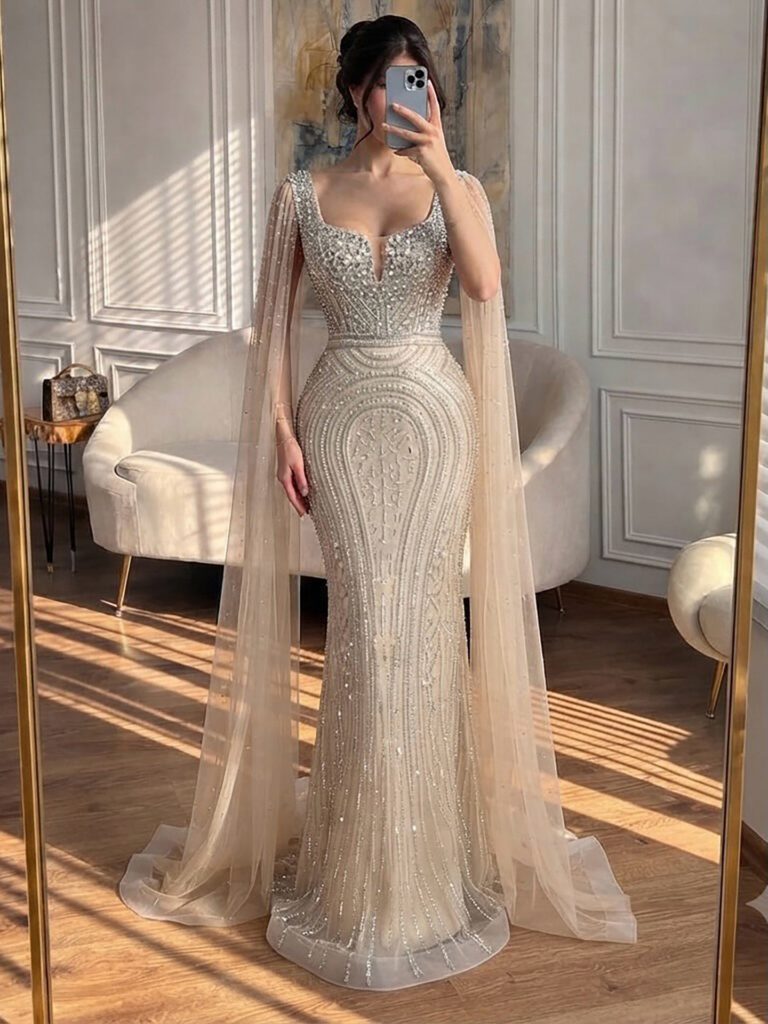 Nove Dress türkis Meerjungfrau Abendkleid mit Perlenstickerei und Cape-Ärmeln