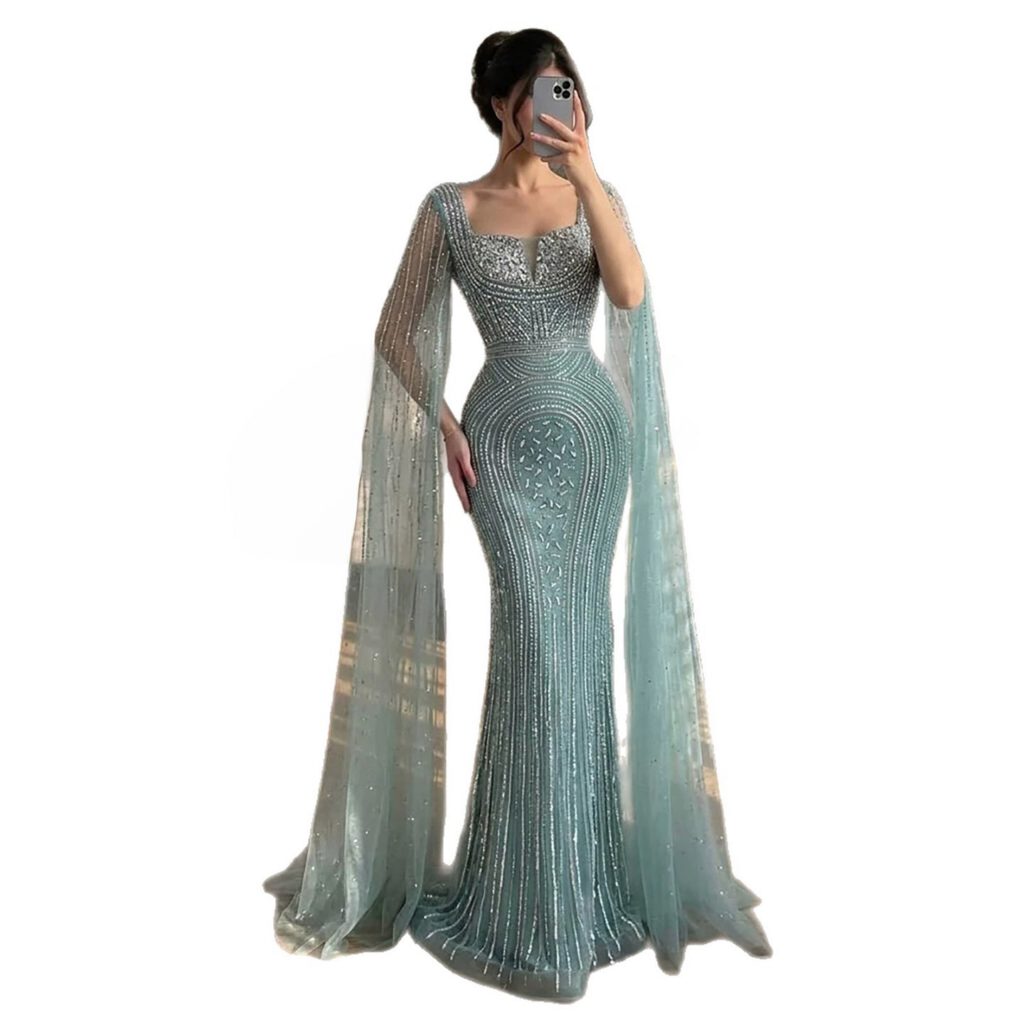 Nove Dress türkis Meerjungfrau Abendkleid mit Perlenstickerei und Cape-Ärmeln