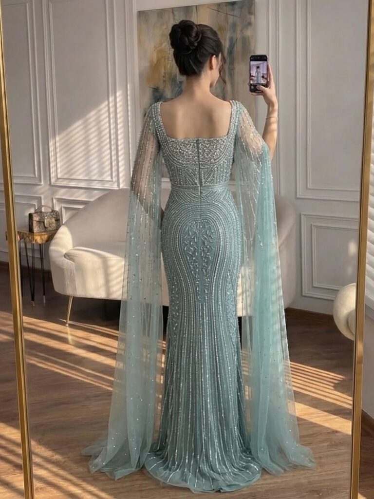 Nove Dress türkis Meerjungfrau Abendkleid mit Perlenstickerei und Cape-Ärmeln
