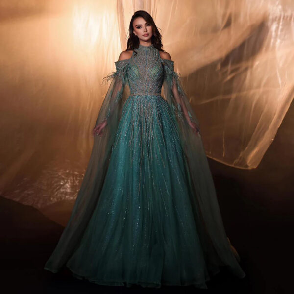 Nove Dress Turquoise Beaded Feather Cape Sleeve A-Line Arabic Evening Dress 1 - Nove Dress