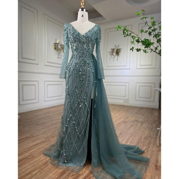 Nove Dress Turquoise Beaded Long Sleeve High Slit Evening Dress 1 - Nove Dress