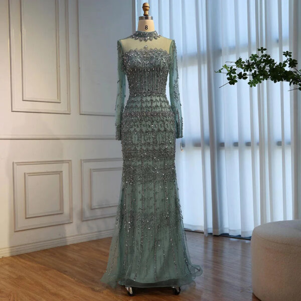 Nove Dress Turquoise Beaded Long Sleeve Mermaid Arabic Evening Dress 1 - Nove Dress