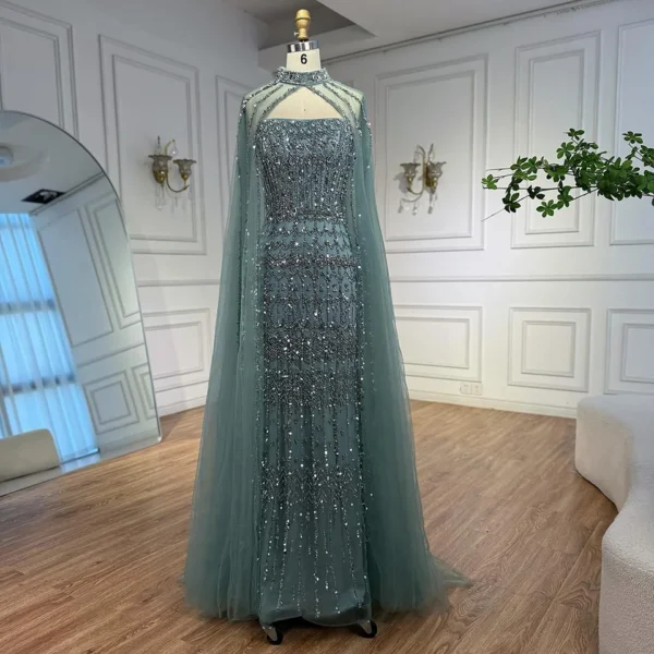 Nove Dress Turquoise Beaded Long Sleeve Overskirt Mermaid Evening Dress 1 - Nove Dress
