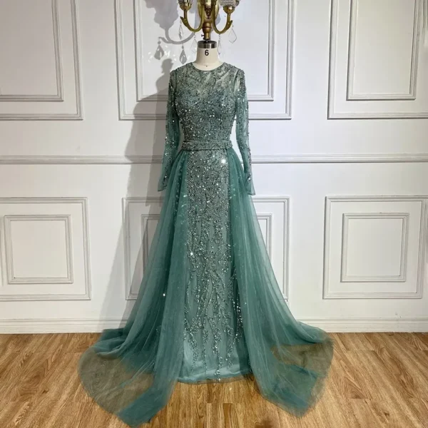 Nove Dress Turquoise Beaded Tulle Overskirt Mermaid Arabic Evening Dress 1 - Nove Dress