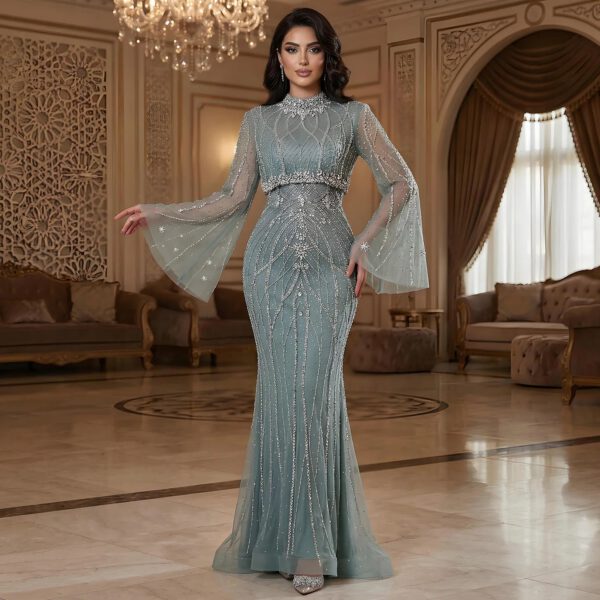 Nove Dress Turquoise Crystal Beaded Long Sleeve High Neck Mermaid Evening Dress 1 - Nove Dress