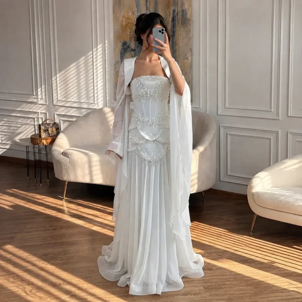 Nove Dress White Beaded Cape Sleeve Evening Dress 1 - Nove Dress