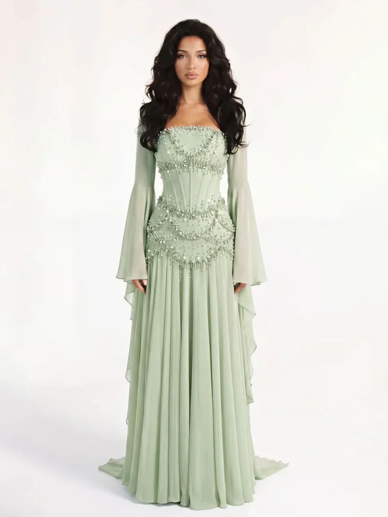 Nove Dress weiß Abendkleid mit Perlenstickerei und Cape-Ärmeln
