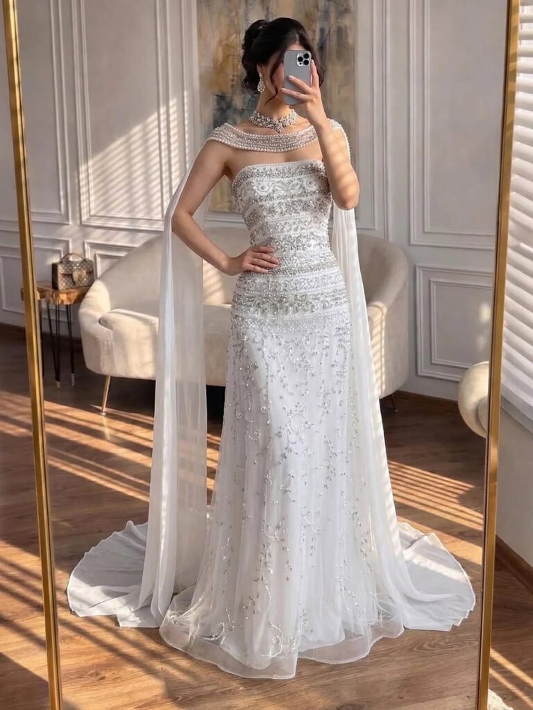 Nove Dress White Crystal Beaded Strapless Evening Dress