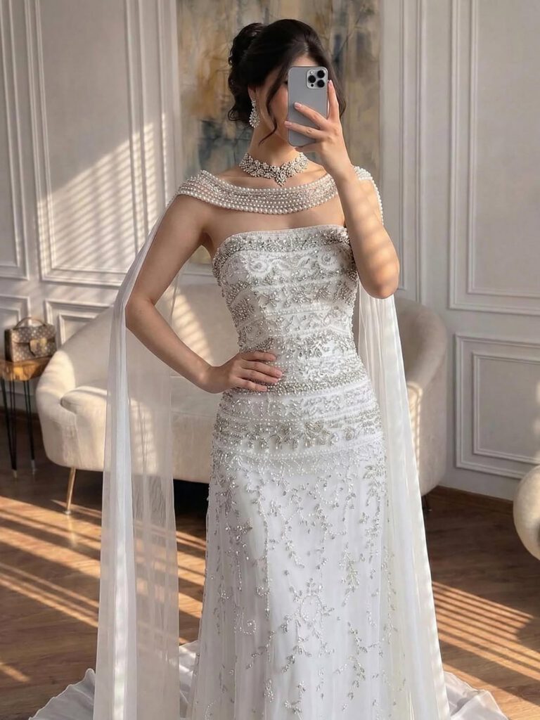 Nove Dress White Crystal Beaded Strapless Evening Dress
