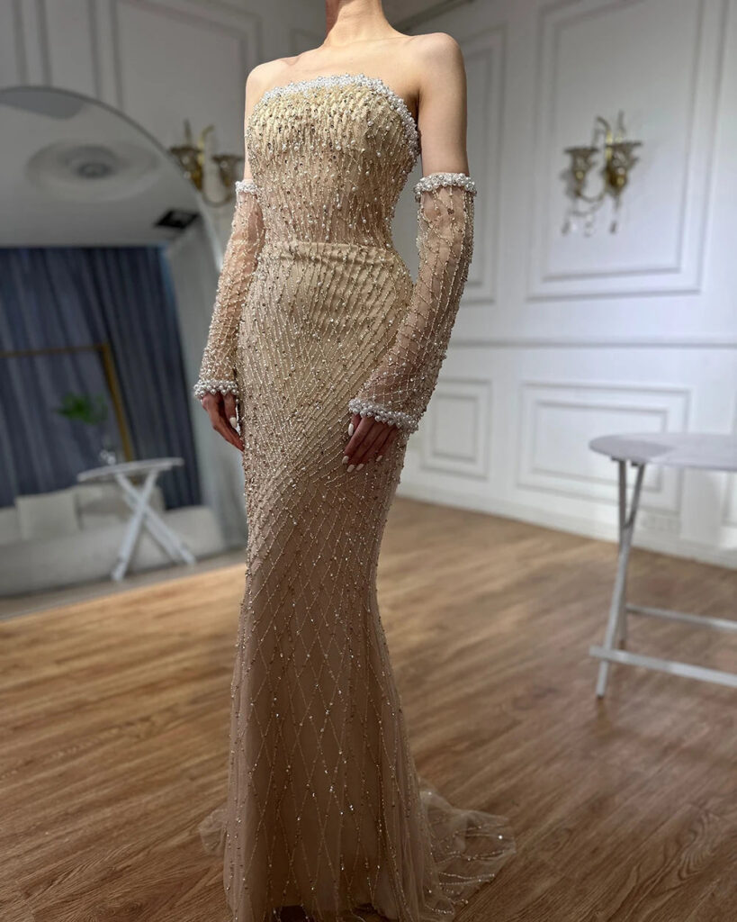 Nove Dress White Nude Beaded Arabic Evening Dress