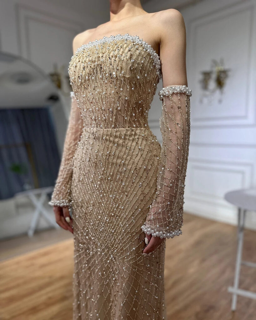 Nove Dress White Nude Beaded Arabic Evening Dress