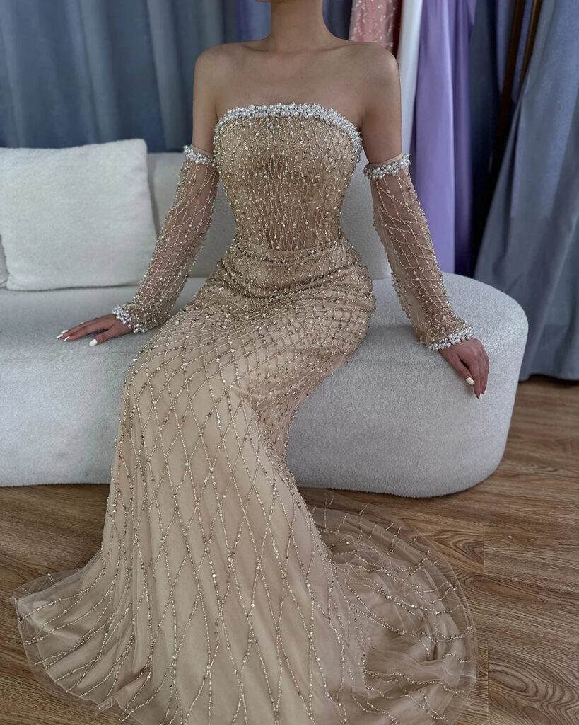 Nove Dress White Nude Beaded Arabic Evening Dress