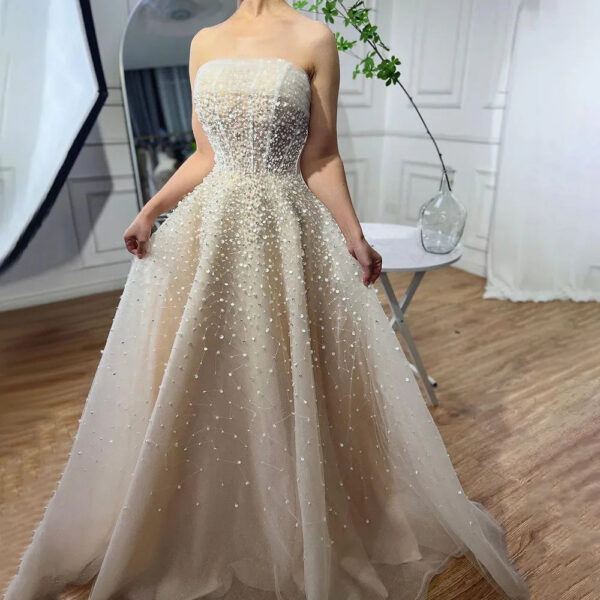 Nove Dress White Nude Pearl Beaded Arabic Evening Dress 1 - Nove Dress
