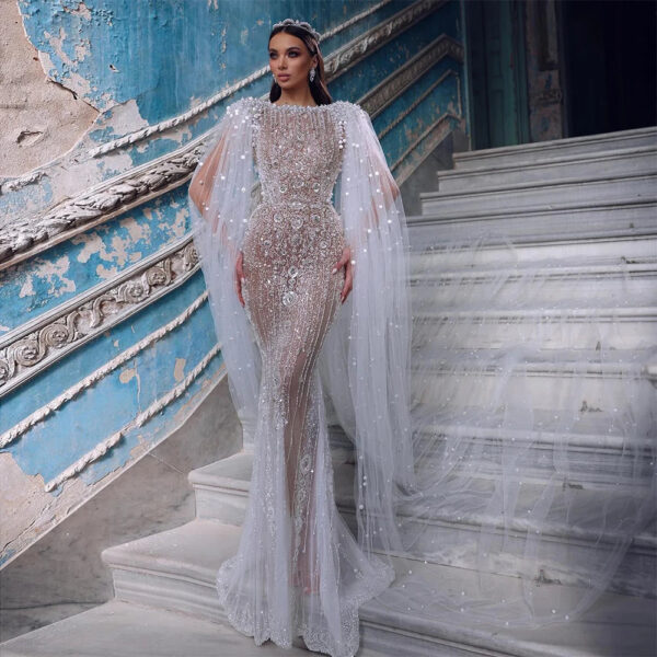 Nove Dress White Nude Pearl Beaded Cape Sleeve Mermaid Evening Dress 1 - Nove Dress