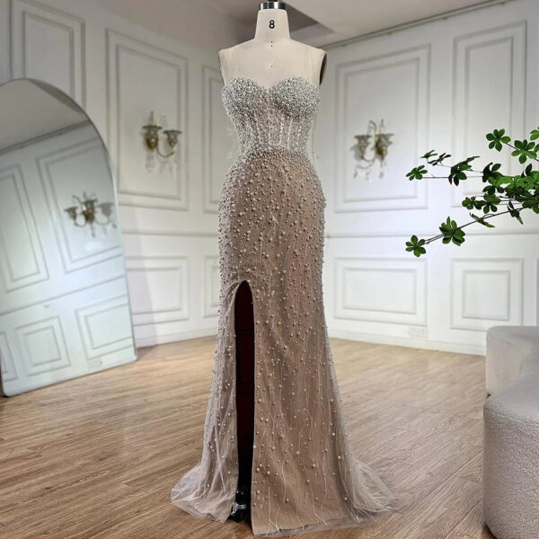 Nove Dress White Nude Pearl Beaded High Slit Mermaid Arabic Evening Dress 1 - Nove Dress