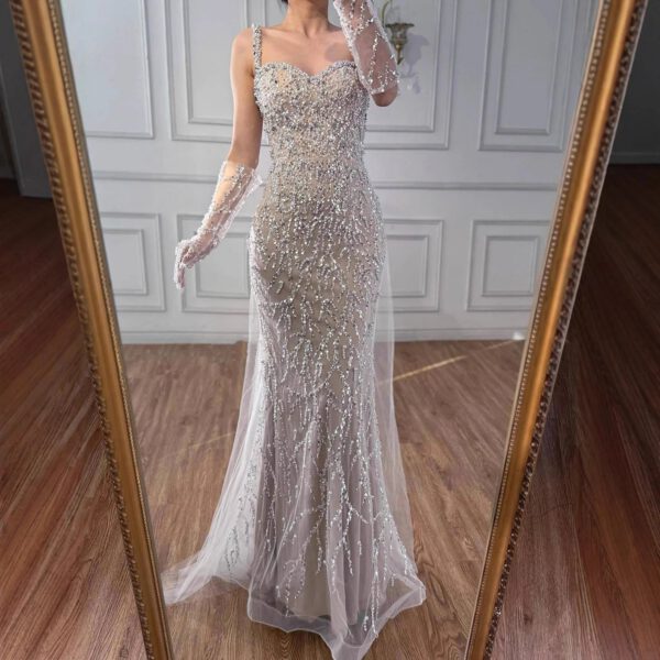 Nove Dress White Nude Pearl Beaded Lace Mermaid Evening Dress 1 - Nove Dress