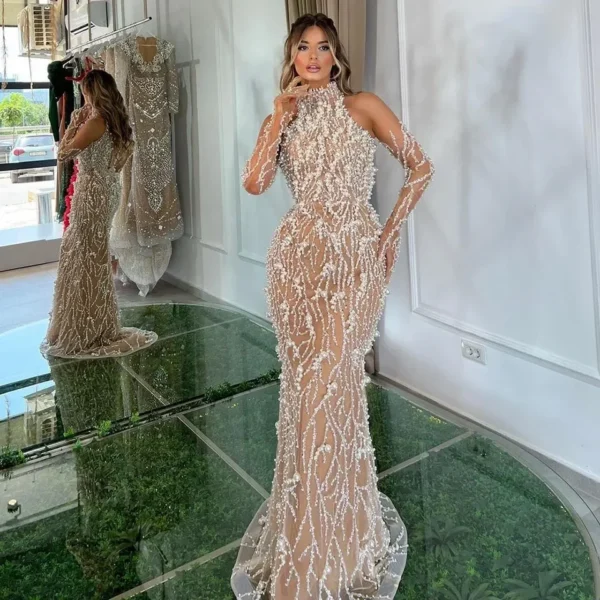 Nove Dress White Nude Pearl Beaded Mermaid Arabic Evening Dress 1 - Nove Dress