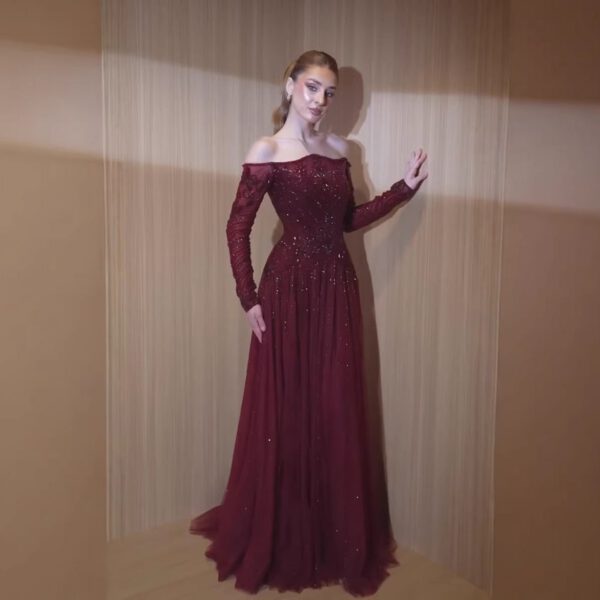 Nove Dress Wine Red Beaded Long Sleeve Off Shoulder Evening Dress 1 - Nove Dress