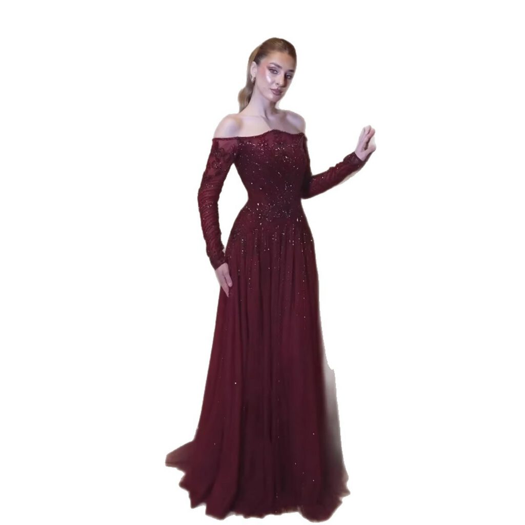 Nove Dress فستان سهرة خمري مطرز أكمام طويلة مكشوف الكتفين