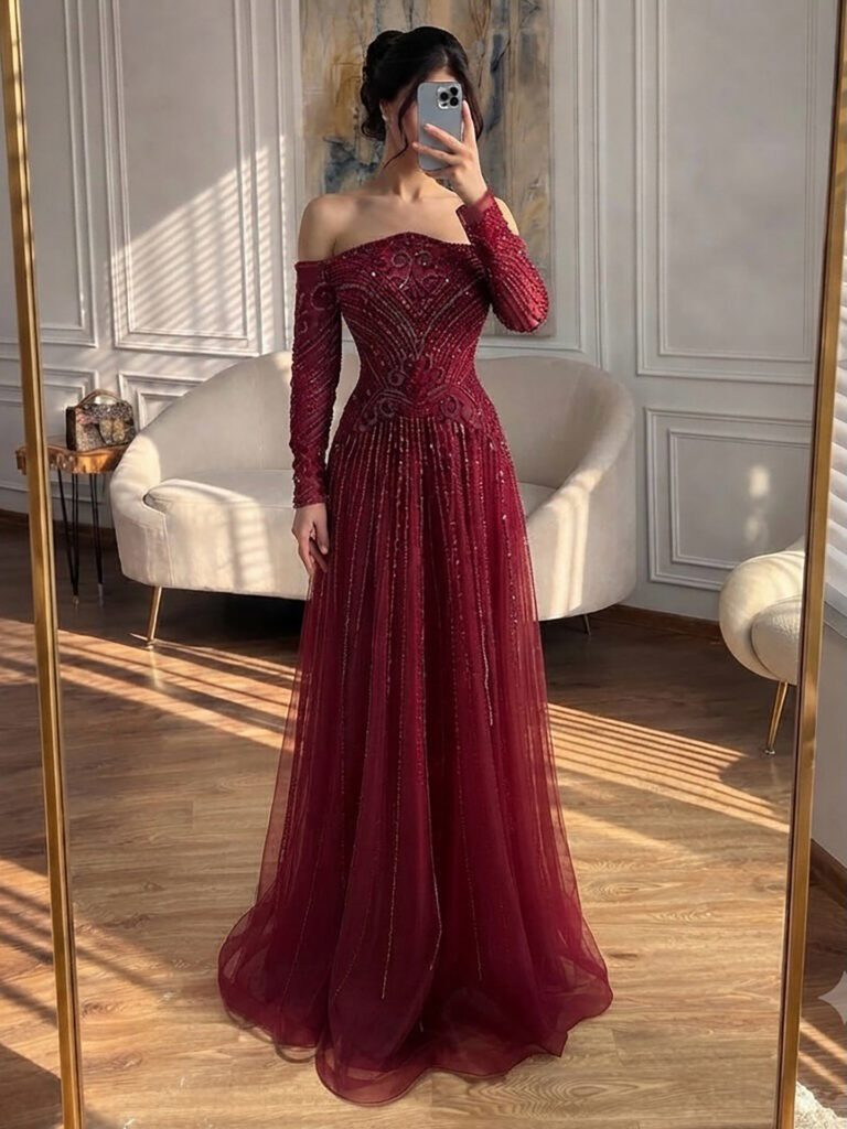Nove Dress فستان سهرة خمري مطرز أكمام طويلة مكشوف الكتفين