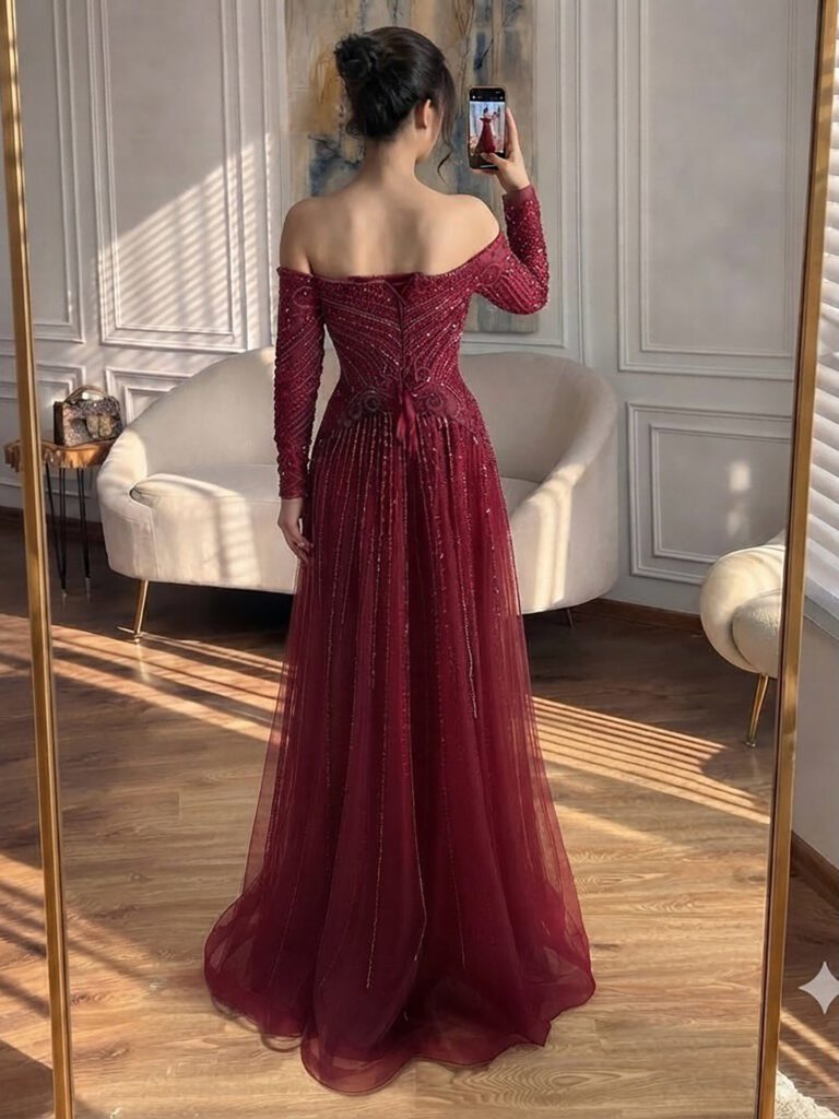 Nove Dress فستان سهرة خمري مطرز أكمام طويلة مكشوف الكتفين