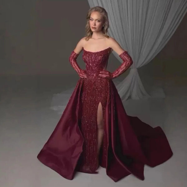 Nove Dress Wine Red Beaded Overskirt Evening Dress 1 - Nove Dress