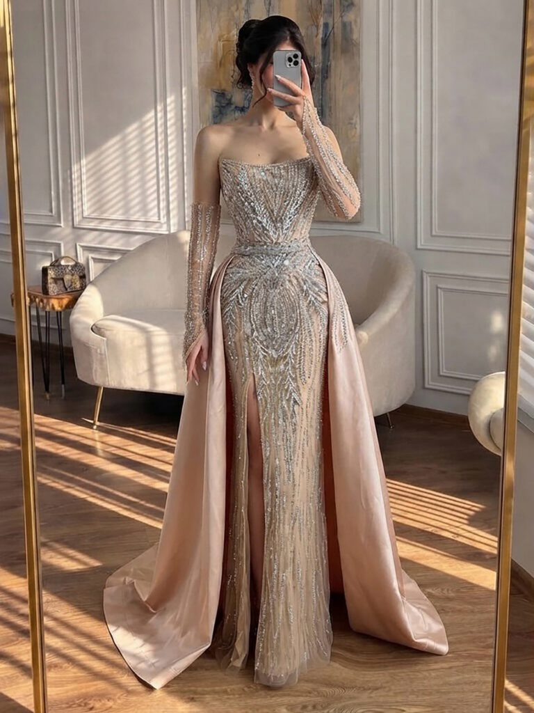 Nove Dress Wine Red Beaded Overskirt Evening Dress