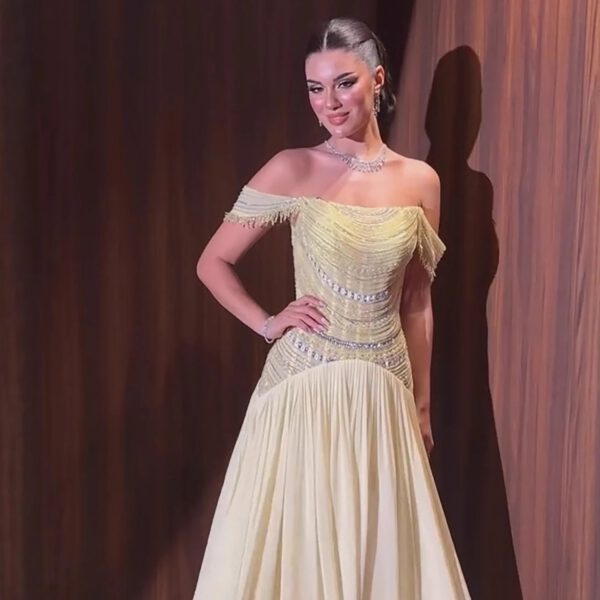 Nove Dress Yellow Beaded Off Shoulder A-Line Evening Dress 1 - Nove Dress