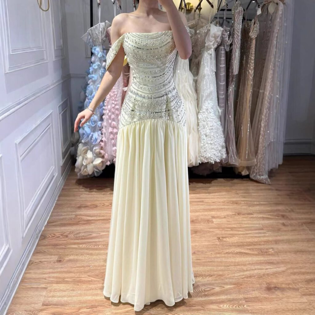 Nove Dress Yellow Beaded Off Shoulder A-Line Evening Dress