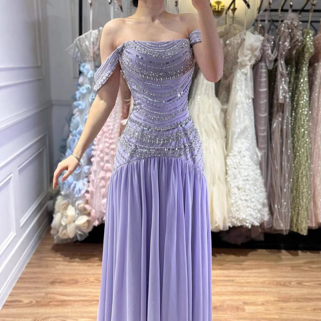 Nove Dress Yellow Beaded Off Shoulder A-Line Evening Dress