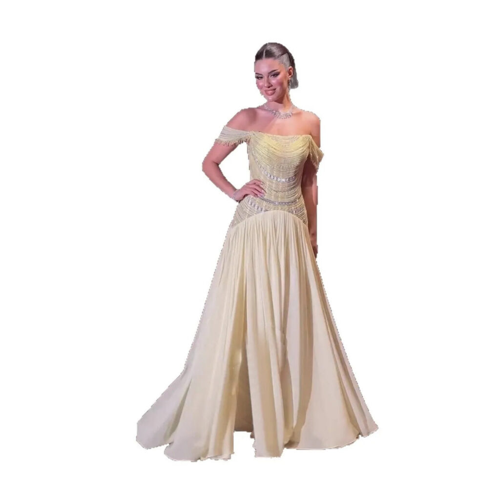 Nove Dress Yellow Beaded Off Shoulder A-Line Evening Dress