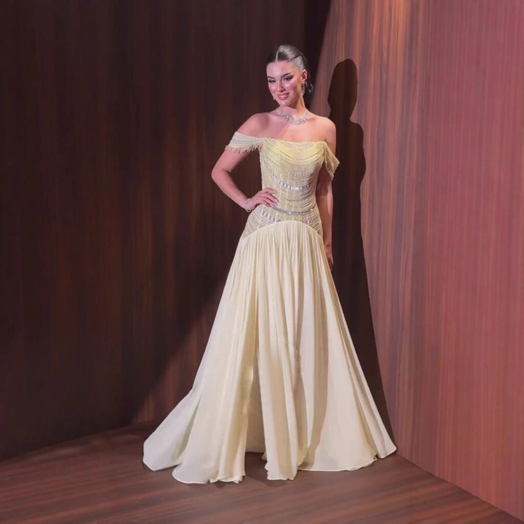Nove Dress Yellow Beaded Off Shoulder A-Line Evening Dress