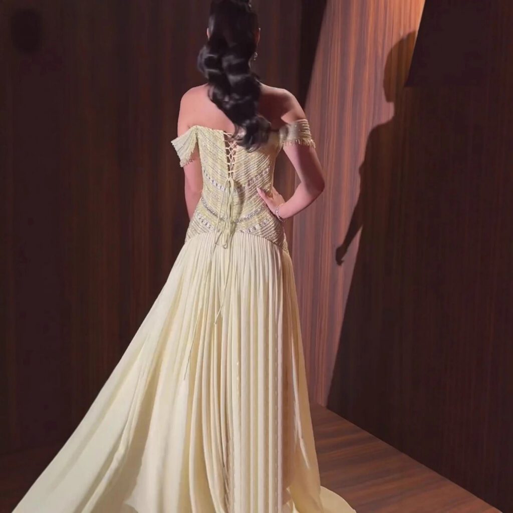 Nove Dress Yellow Beaded Off Shoulder A-Line Evening Dress