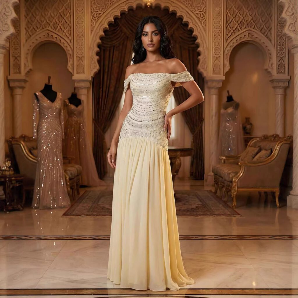 Nove Dress Yellow Beaded Off Shoulder A-Line Evening Dress