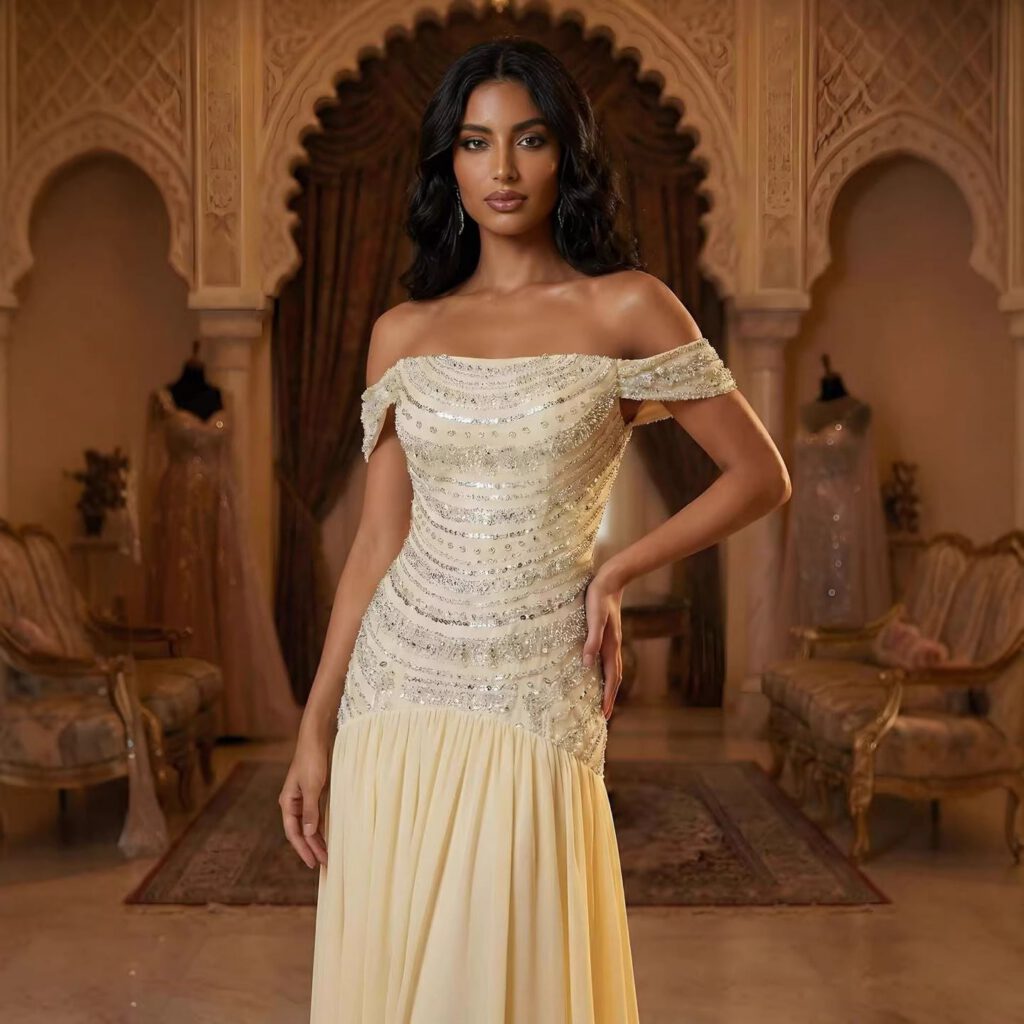Nove Dress Yellow Beaded Off Shoulder A-Line Evening Dress