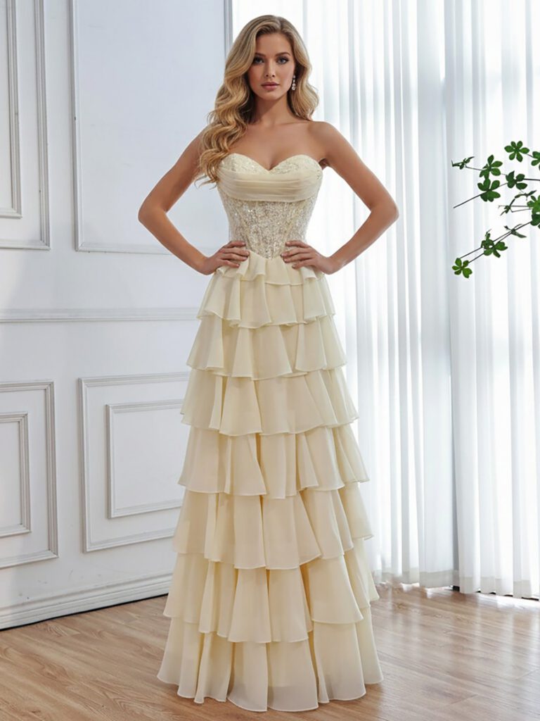 Nove Dress Yellow Pearl Beaded Lace Strapless A-Line Evening Dress